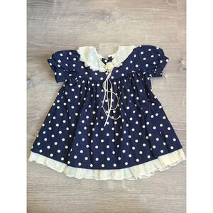 VTG Allison Ann Baby 6-9 Months Party Dress Polka Dot Lacy Rosette Blue Cream